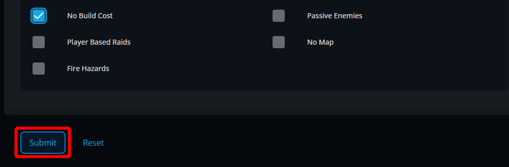 The World settings section showing No Build Cost enabled, with the Submit button highlighted below the world customization options.