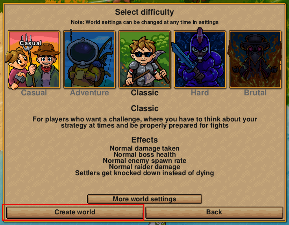 Game difficulty selection screen with four options: Casual, Adventure, Hard, and Brutal. Includes a description of Classic mode effects.