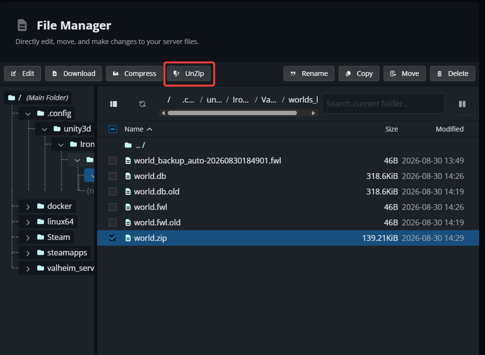 Dark file manager interface with left folder tree and right file list; UnZip button highlighted; world.zip selected.