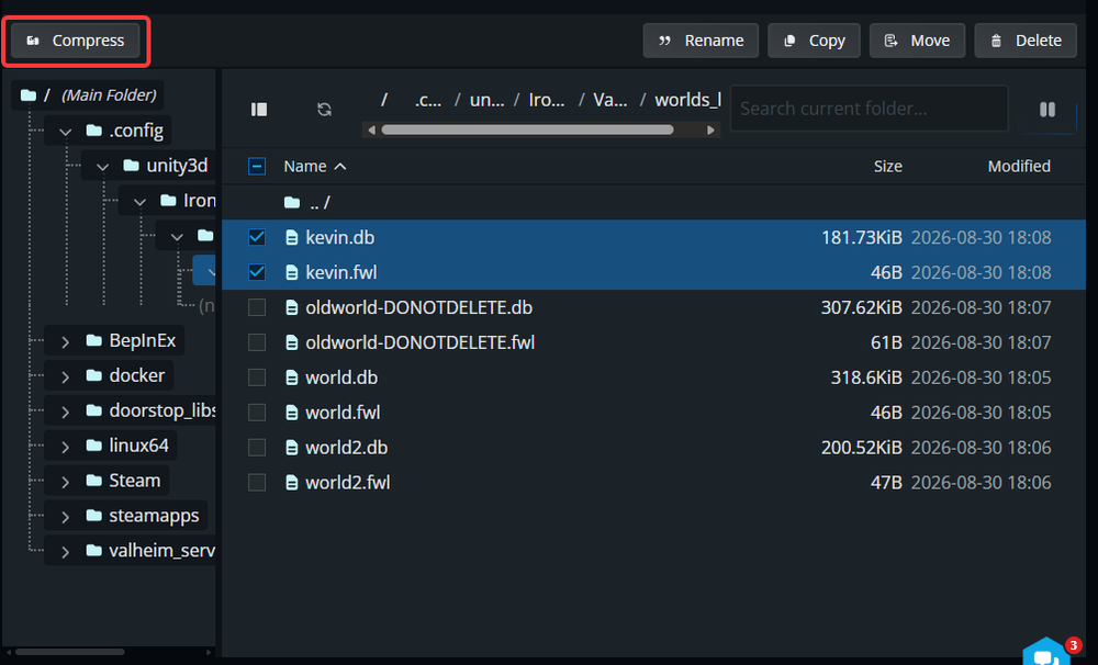 The Nodecraft File Manager showing the matching kevin.db and kevin.fwl Valheim world files selected, with the Compress button highlighted.