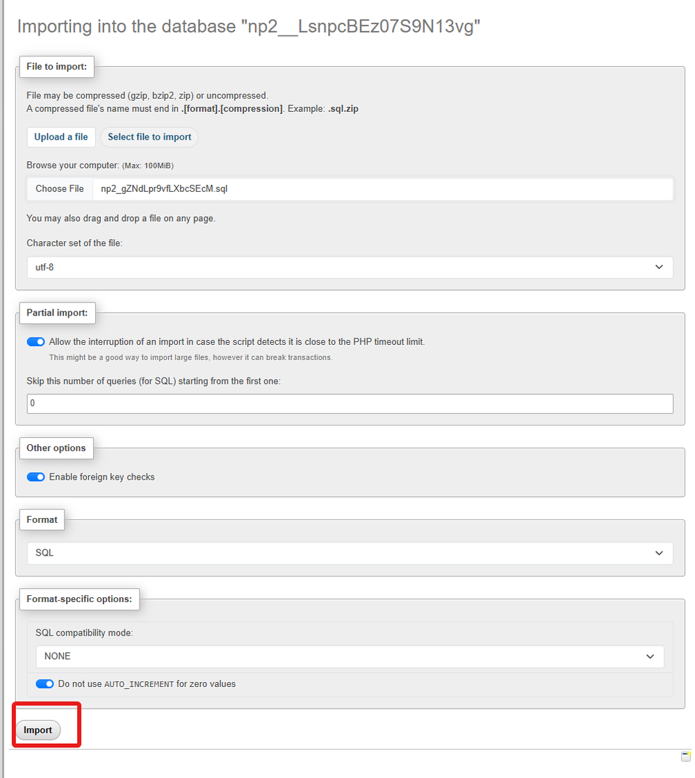 Screenshot of a database import interface showing file upload options, import settings, and an