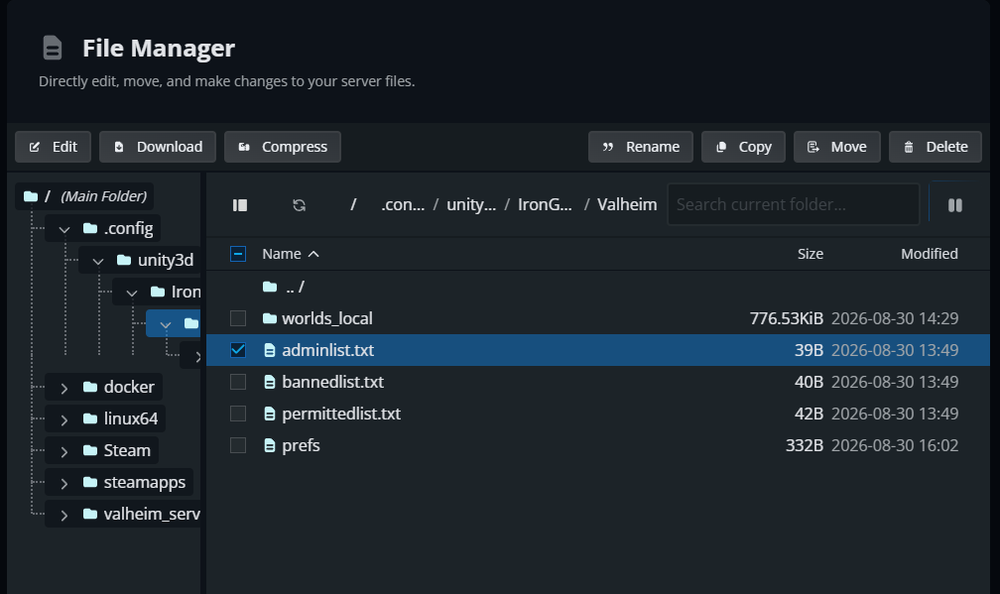 Dark file manager: left folder tree, right file list; adminlist.txt selected; other files: worlds_local, bannedlist.txt, permittedlist.txt, prefs.