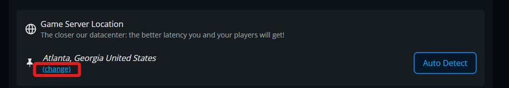Game server location settings showing