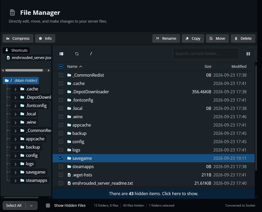 Enshrouded File Manager showing the main server directory with the savegame folder selected among the server files and folders.