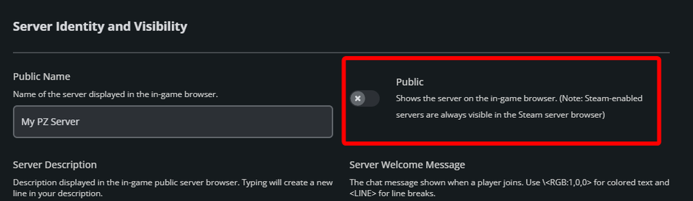 The Project Zomboid Server Settings page showing the Public visibility option highlighted under the Server Identity and Visibility section.