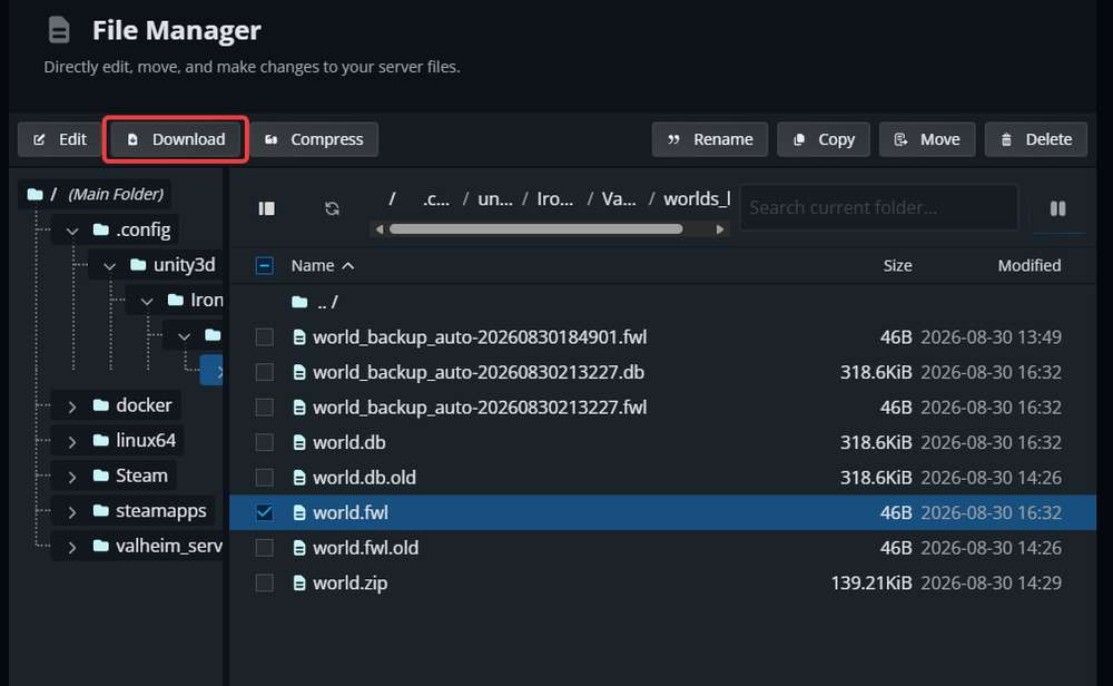 The Nodecraft File Manager showing the Valheim world.fwl file selected in the worlds_local folder, with the Download button highlighted at the top of the file list.