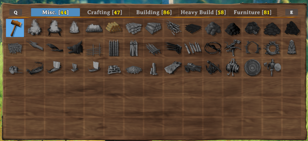 The Valheim build menu showing multiple building categories and a large selection of unlocked building pieces.