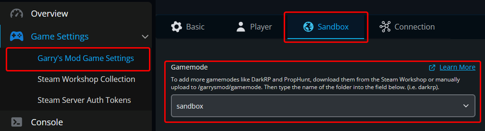 A screenshot of our panel instructing users to open the Sandbox tab, then finding the gamemode setting.