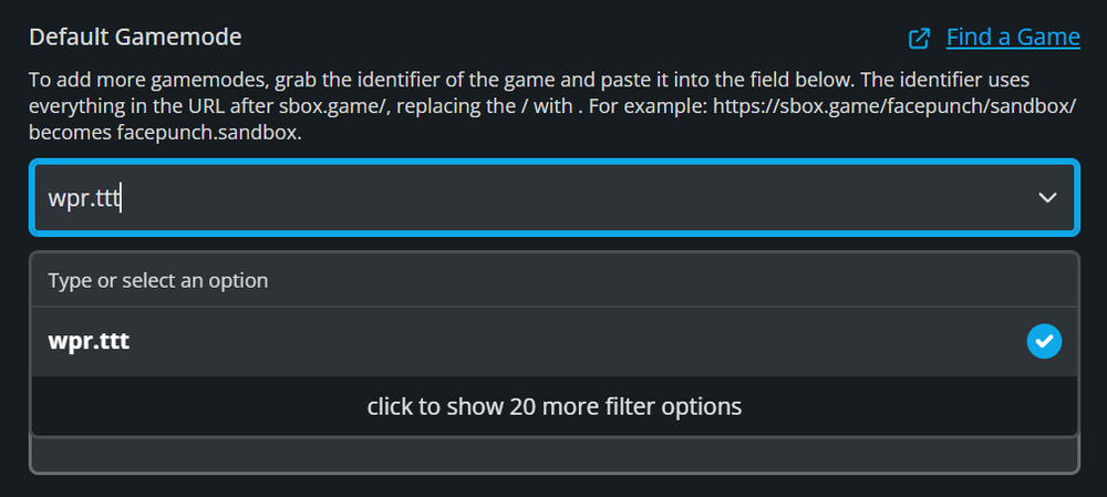 A screenshot of a web browser address bar showing the sbox.game URL for a gamemode, with the organization and gamemode name highlighted in a red box to indicate the Gamemode ID.