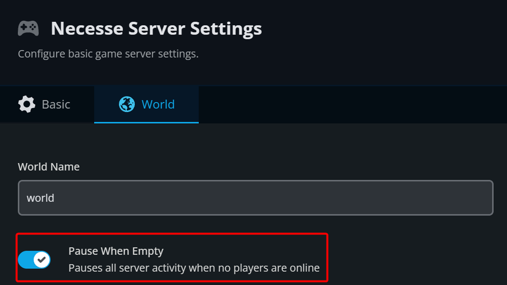 Necesse Pause when Empty configuration