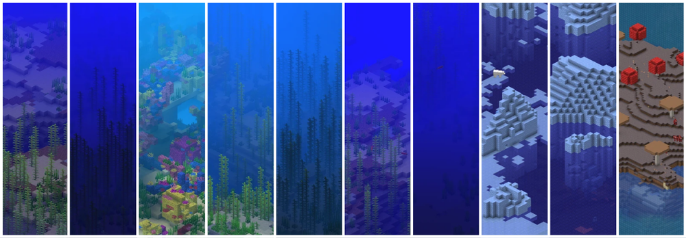 Vertical panels showcasing various underwater biomes from a video game, featuring coral reefs, seaweed, icy waters, and rocky terrain.