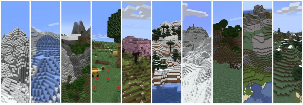 Collage of nine Minecraft pictures, including snowy mountains, forests, and plains, showcasing diverse landscapes and environments.