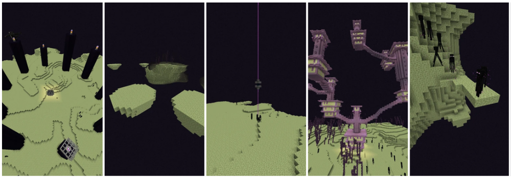 A collage of Minecraft scenes: Ender dragon battle, floating islands, End gateway, End city, and Enderman on an End stone platform.