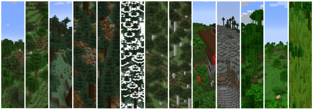Collage of various Minecraft biomes, including forests, snowy landscapes, mountains, and jungles, each in a vertical strip.