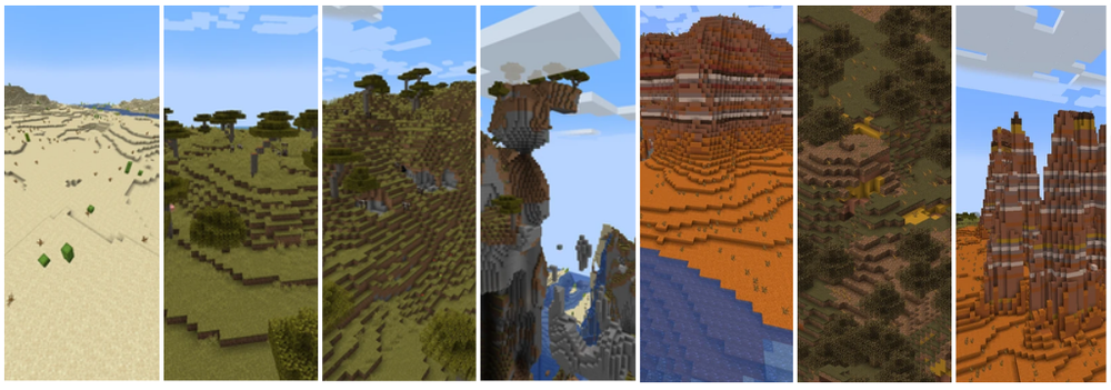Seven Minecraft pictures side by side: desert, savanna, savanna plateau, extreme hills, mesa, modified badlands plateau, and wooded badlands.