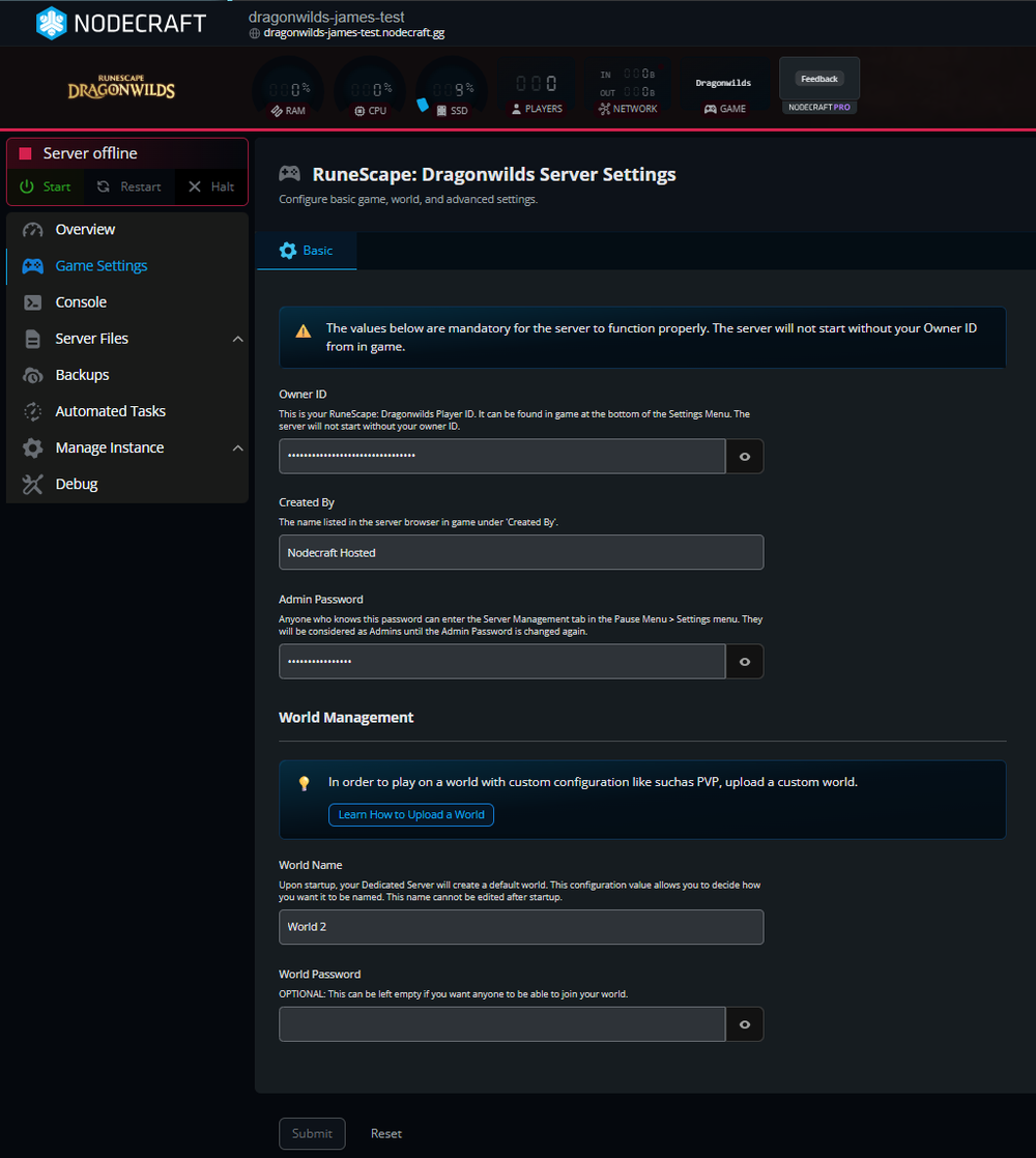 A screenshot of the Nodecraft Control Panel for a RuneScape: Dragonwilds server, showing the full Basic settings page. The image contains several configuration fields: Owner ID: Highlighted as mandatory for the server to function. Created By: Set to