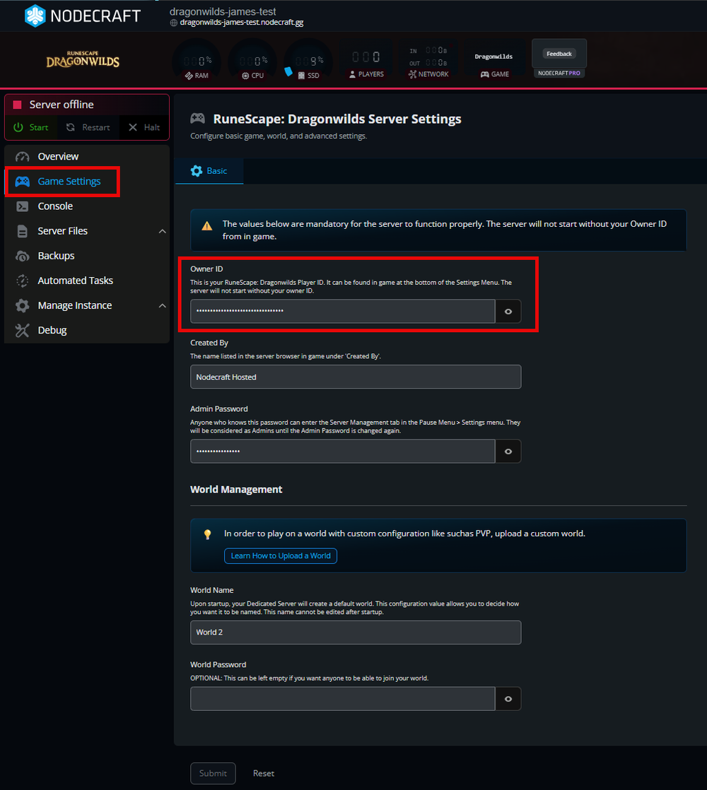 A screenshot of the Nodecraft Control Panel for a RuneScape: Dragonwilds server. On the left sidebar, the Game Settings tab is highlighted with a red box. In the main configuration area, under the Basic tab, another red box highlights the Owner ID field, which contains a masked ID. A warning message above the field states that the Owner ID is mandatory for the server to function properly.