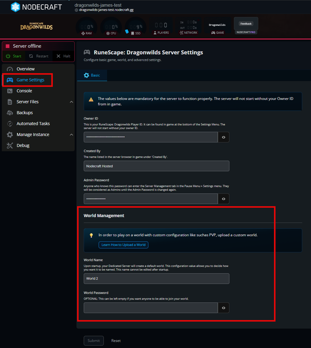 A screenshot of the Nodecraft Control Panel for a RuneScape: Dragonwilds server. On the left sidebar, the Game Settings tab is highlighted with a red box. In the main configuration area under the Basic tab, a large red box highlights the World Management section. This section includes fields for World Name (currently set to 