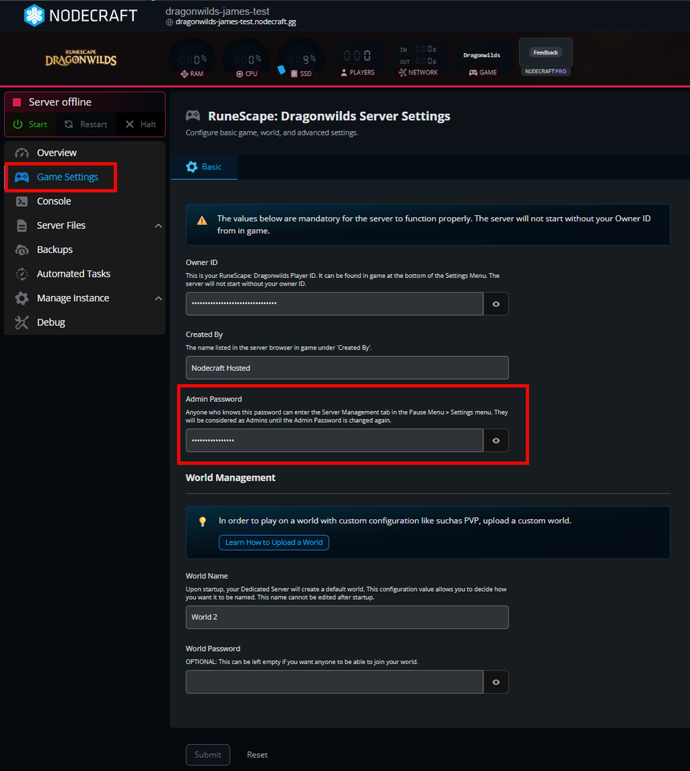 The Nodecraft Control Panel for a RuneScape: Dragonwilds server, showing the 