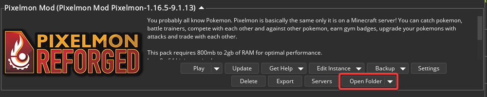 ATLauncher Pixelmon Reforged modpack page with the Open Folder button highlighted to locate local Minecraft modpack files.