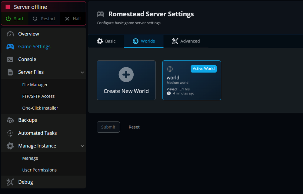 Romestead Server Settings Worlds tab showing the active world alongside the Create New World option within the Nodecraft control panel.