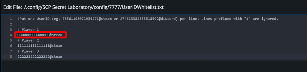 The UserIDWhitelist.txt file open in the Nodecraft text editor, with a red box highlighting a line of code showing a player's SteamID64 correctly appended with @steam under a comment placeholder.