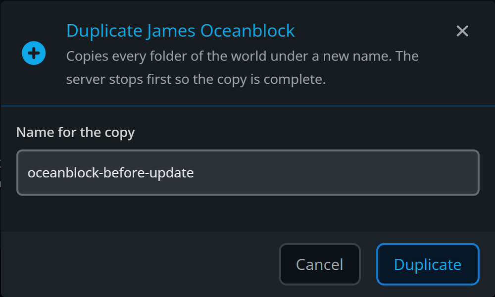 The Duplicate window with oceanblock-before-update entered as the name for the copy.