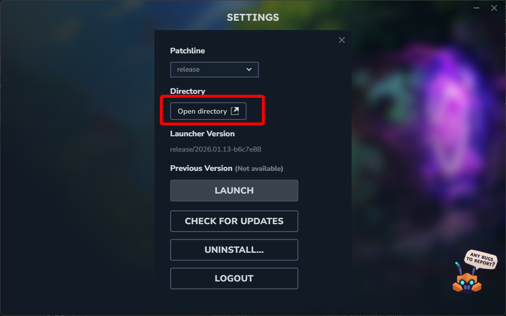 Hytale launcher settings menu showing the open directory option.