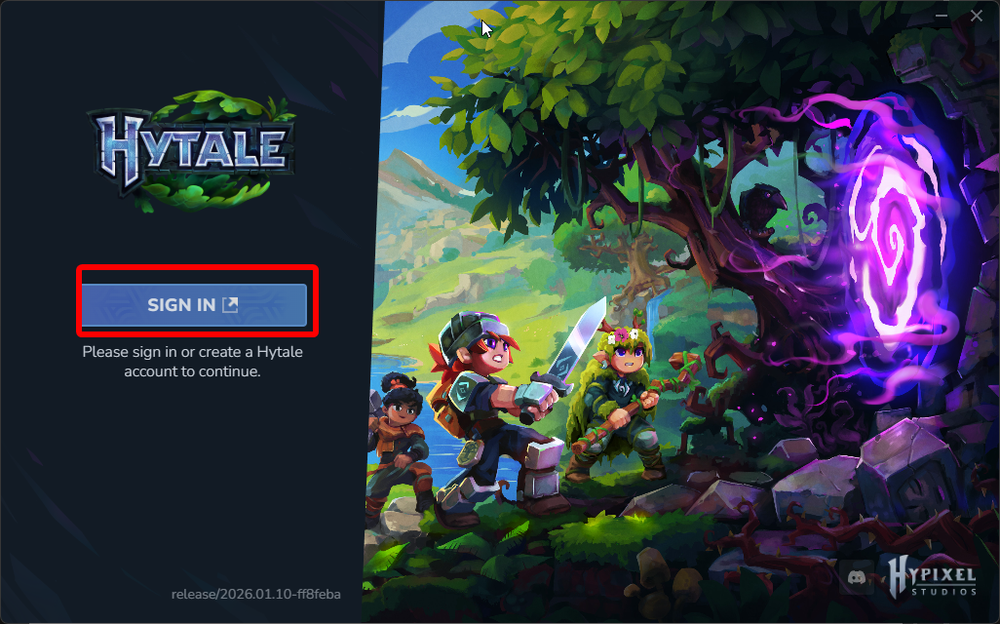 Dark left panel with Hytale logo and a blue SIGN IN button; right side shows a colorful fantasy scene with adventurers and a glowing purple portal.
