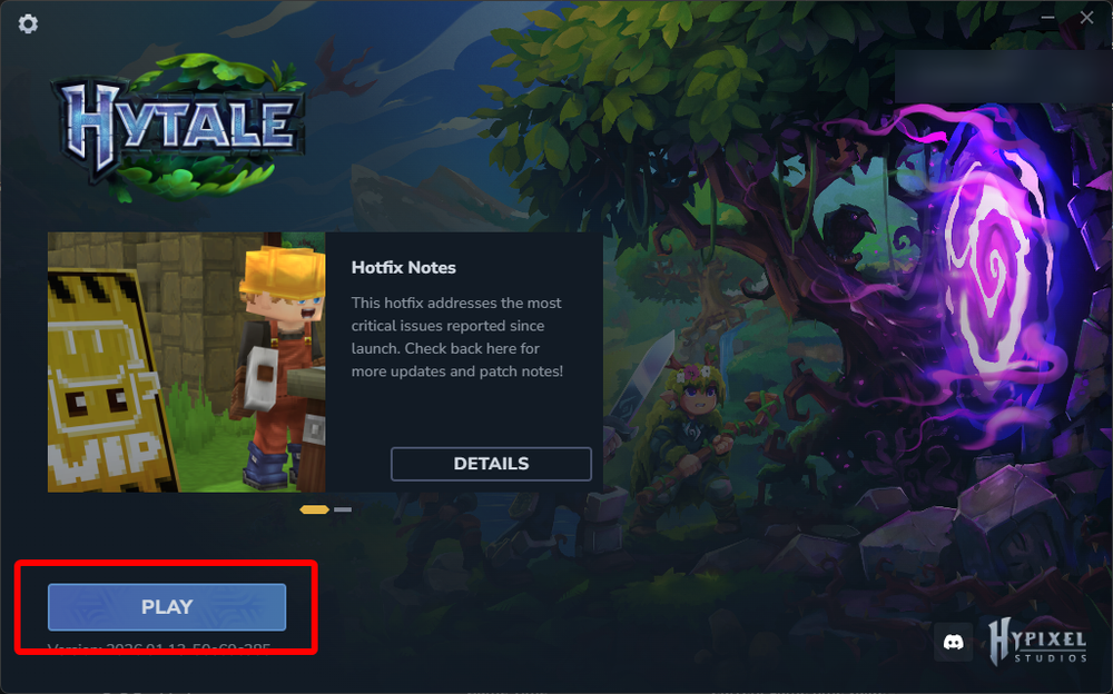 Hytale launcher home screen with the Play button highlighted.