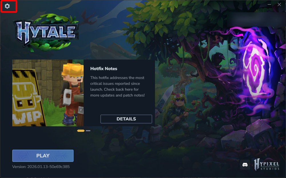 Hytale launcher home screen with the settings gear icon highlighted.