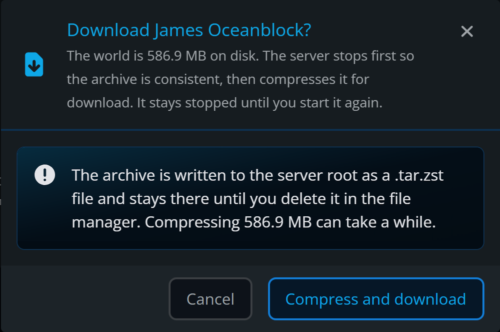 The download confirmation showing the world is 586.9 MB, noting the archive is saved to the server root as a .tar.zst file, with a Compress and download button.