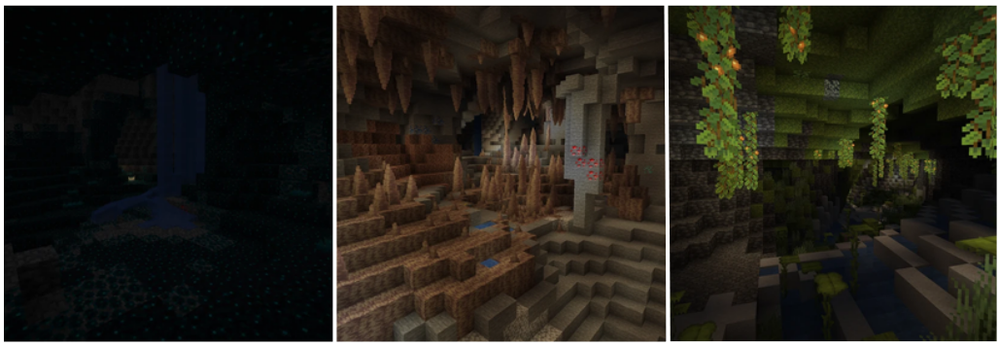 Three Minecraft cave scenes: a dark cave with glowing elements, a cave with stalactites and ores, and a lush cave with hanging vines.