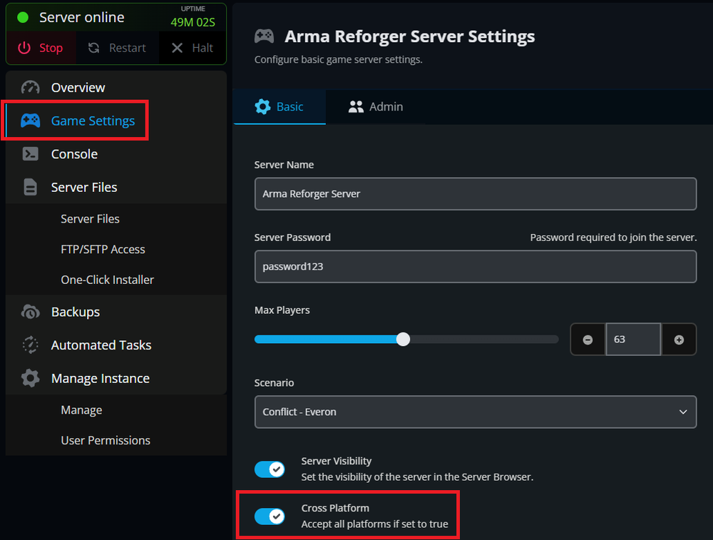 The Cross Platform setting highlighted for Arma Reforger on a Nodecraft server