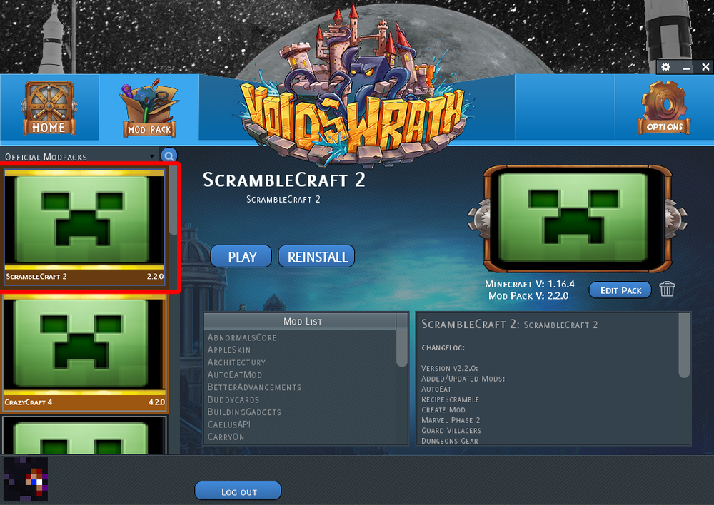 ScrambleCraft 2 selected in the Technic Launcher modpack list.