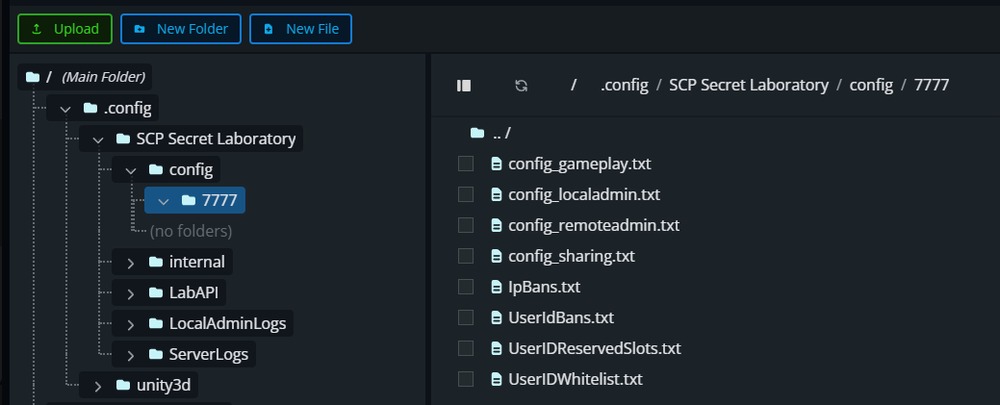 The Nodecraft File Manager displaying the directory path structure for an SCP: Secret Laboratory server, with a blue box highlighting the 7777 port folder and the config_remoteadmin.txt file visible in the right panel.