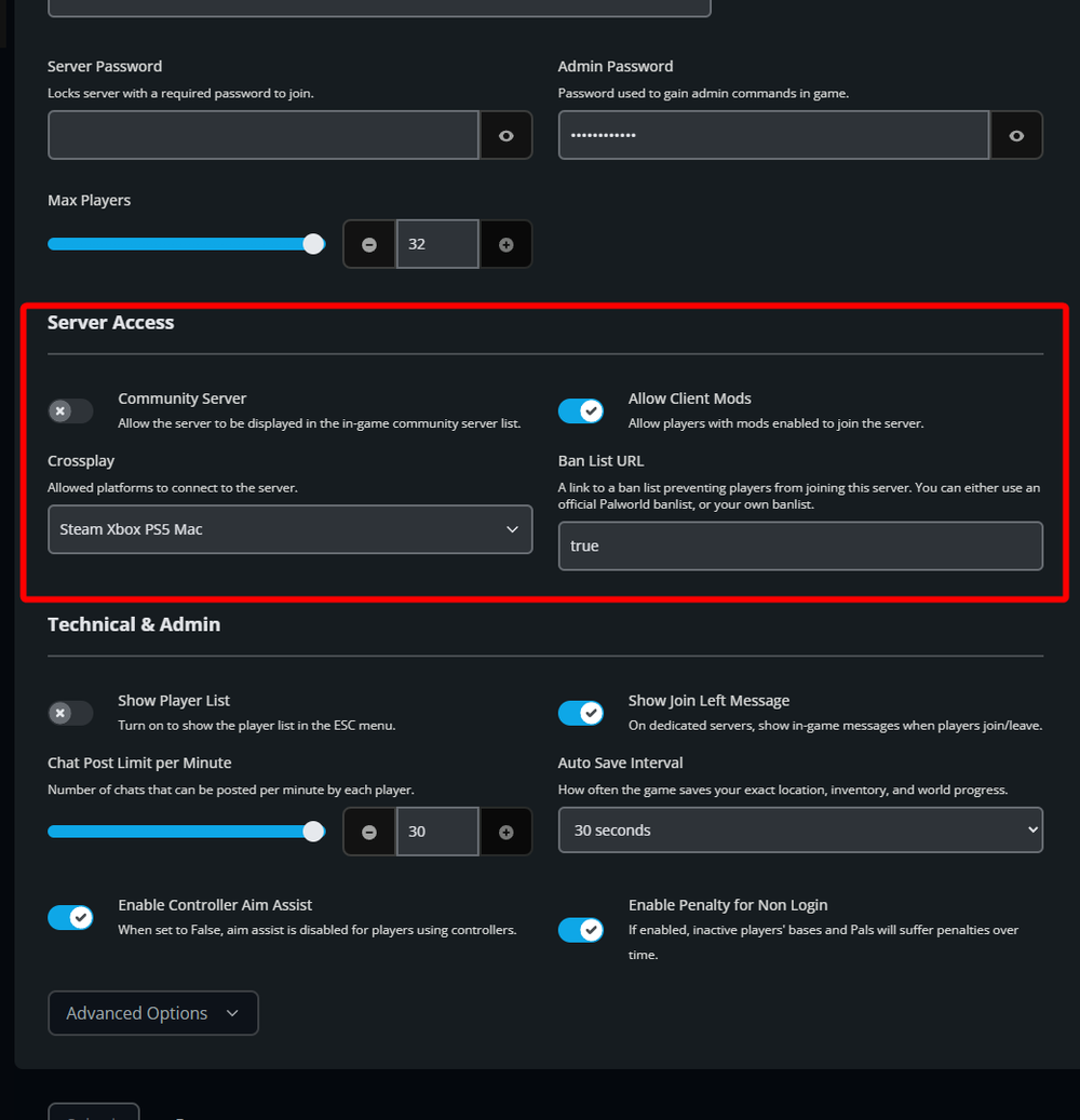 Server Access section of the Palworld server settings page showing community server visibility, crossplay options, client mods, and ban list configuration settings.