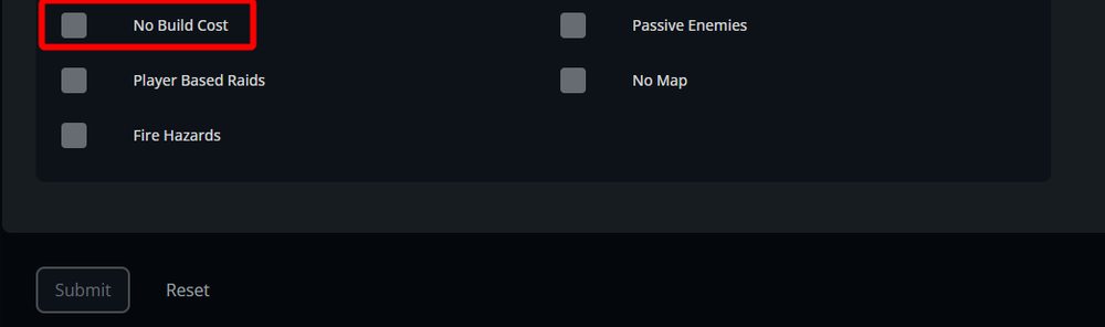 The World settings section of the Valheim Server Settings page with the No Build Cost option highlighted while the checkbox is disabled.