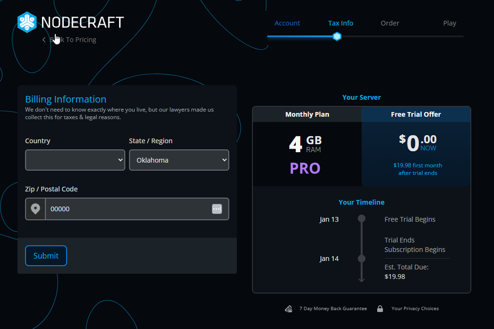 Nodecraft billing information form with free trial timeline and plan details.