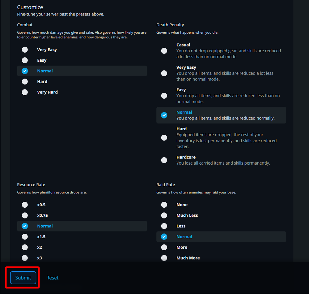 Dark settings panel with multiple option groups (Combat, Death Penalty, Resource Rate, Raid Rate); 'Normal' selected; Submit button highlighted.