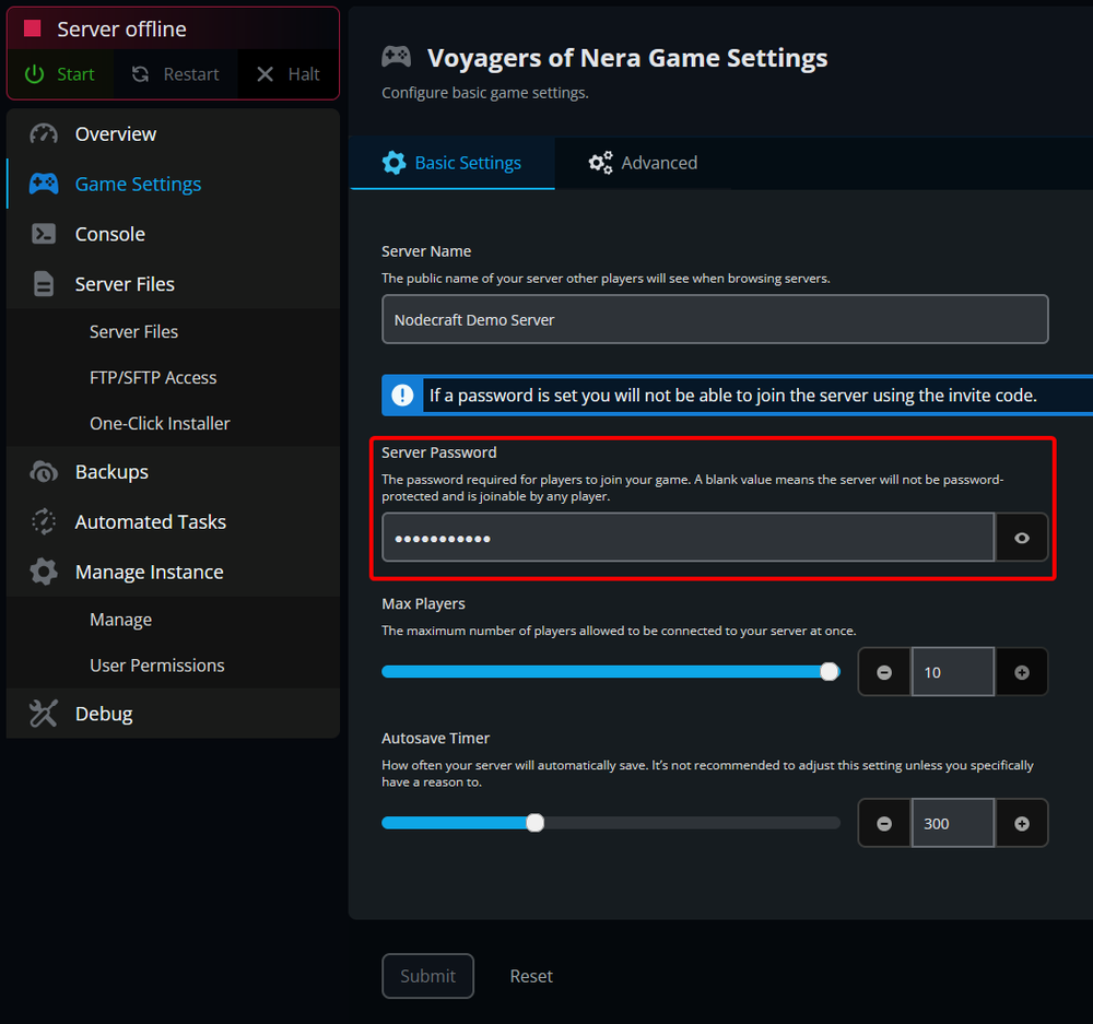 Voyagers of Nera control panel for Server Password