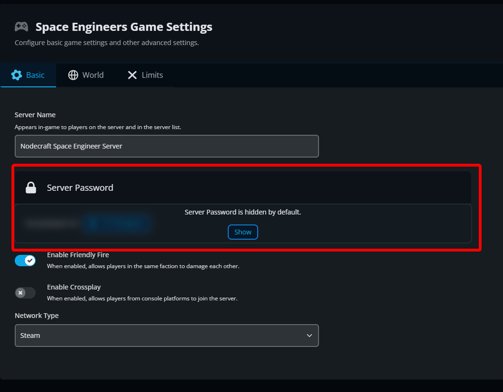 Dark Space Engineers settings screen, Basic tab: Server Name, hidden Server Password with Show, Friendly Fire on, Crossplay off, Network Type Steam.