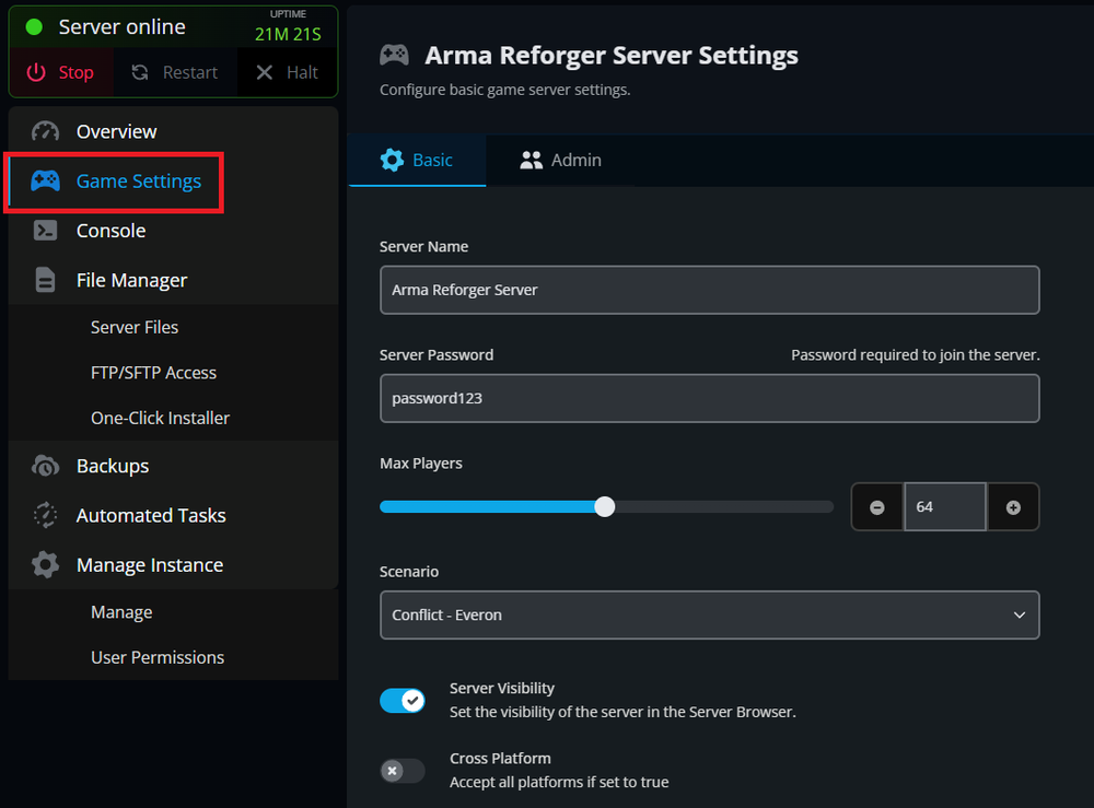 The Game Settings tab for an Arma Reforger server hosted with Nodecraft
