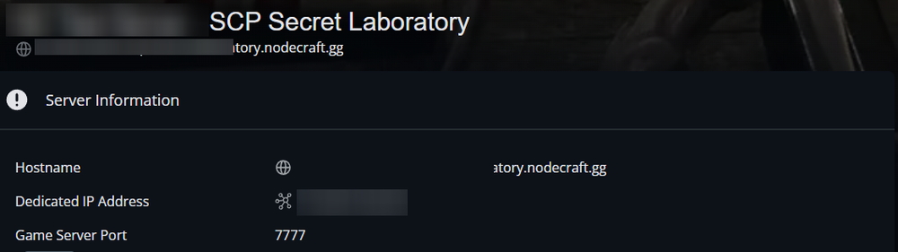 Nodecraft game server panel showing the Server Information section for SCP: Secret Laboratory, including hostname, dedicated IP address, and game server port 7777.