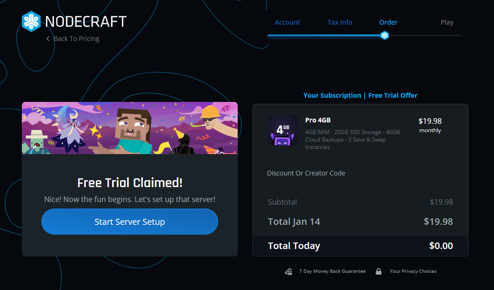 Nodecraft order summary screen showing a free trial confirmation and server plan details.