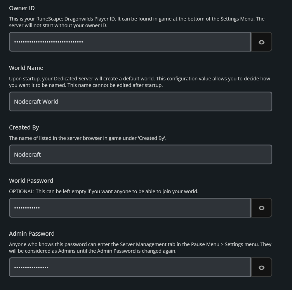 RuneScape: Dragonwilds server configuration for Owner ID, World Name, Created By, World Password, and Admin Password