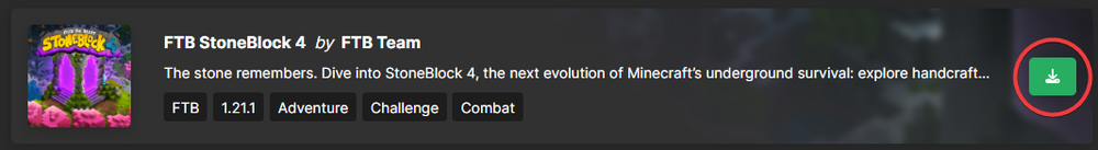 A picture of the FTB Stoneblock 4 Modpack on the FTB Launcher.