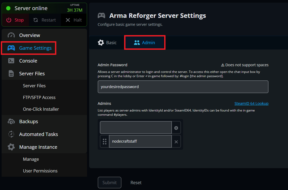 The Admins tab where you can add an Admin Password and Admin players for an Arma Reforger server with Nodecraft