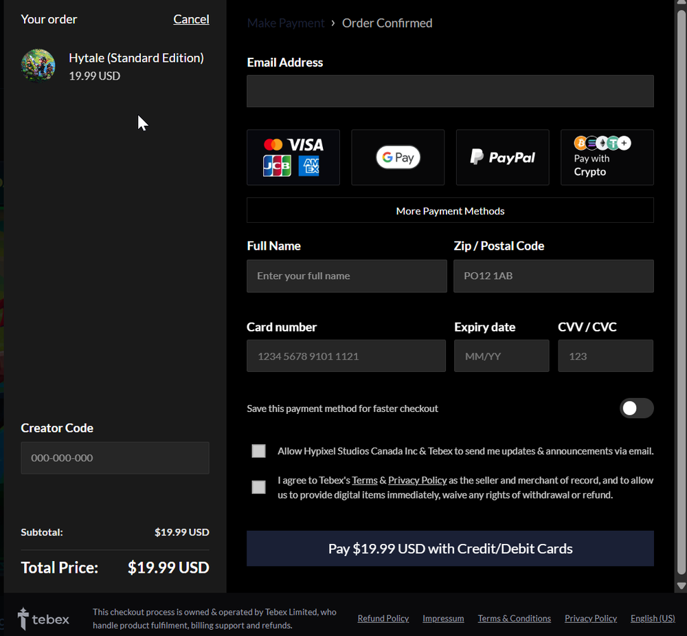 Dark checkout screen for Hytale (Standard Edition) showing payment methods, card fields, name/address inputs and total price $19.99 USD.