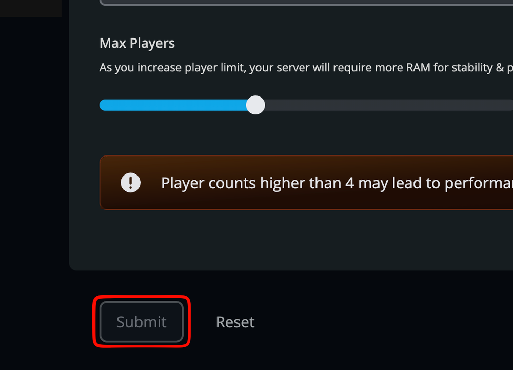 Submit button below the Max Players setting in the Nodecraft panel.